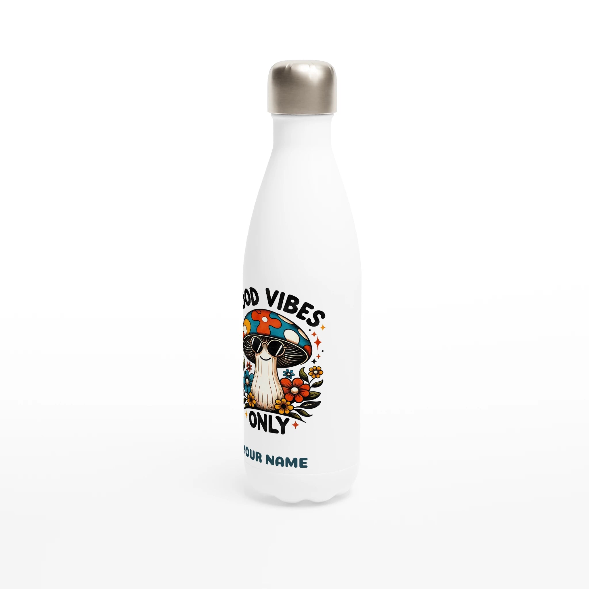 Personalised - Good Vibes Only, Hippie Mushroom With Sunglasses - White 17oz Stainless Steel Water Bottle Personalised Water Bottle Globally Fulfilled Positivity