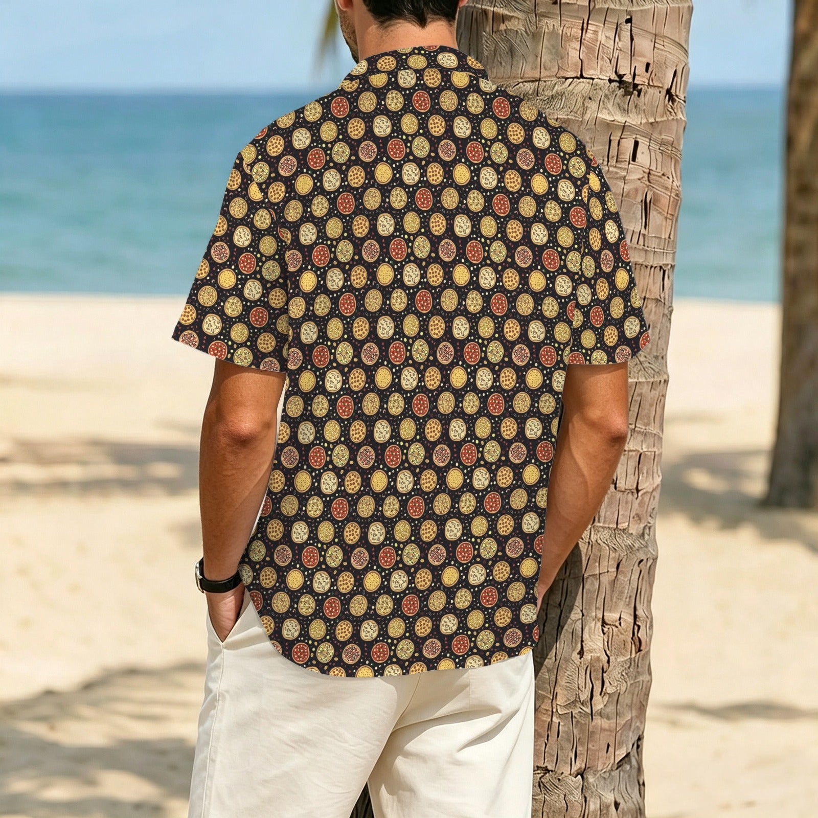 Round Pizzas On Black Men's Crinkle Hawaiian Shirt