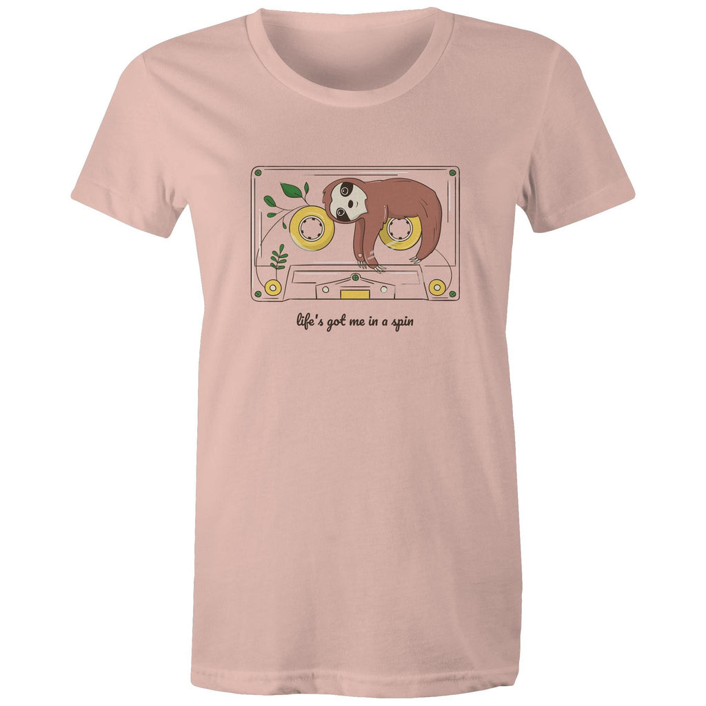 Life's Got Me In A Spin, Sloth, Cassette Tape - Womens T-shirt Pale Pink Womens T-shirt Music Printed In Australia