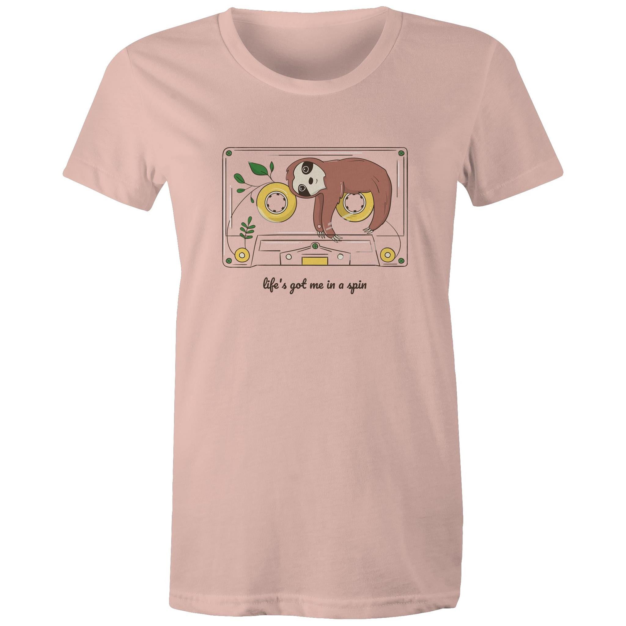 Life's Got Me In A Spin, Sloth, Cassette Tape - Womens T-shirt Pale Pink Womens T-shirt Music Printed In Australia