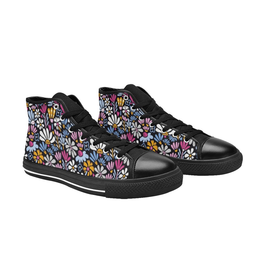 Graphic Flowers On Black Women's High Top Canvas Shoes Womens Classic High Top Shoes Plants Printed Offshore