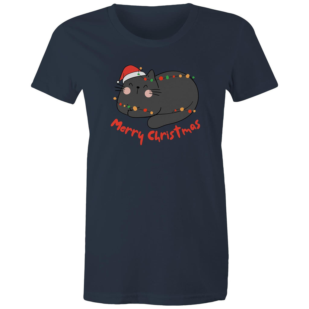 Merry Christmas Cat - Womens T-shirt Navy Womens Christmas T-shirt Christmas Printed In Australia