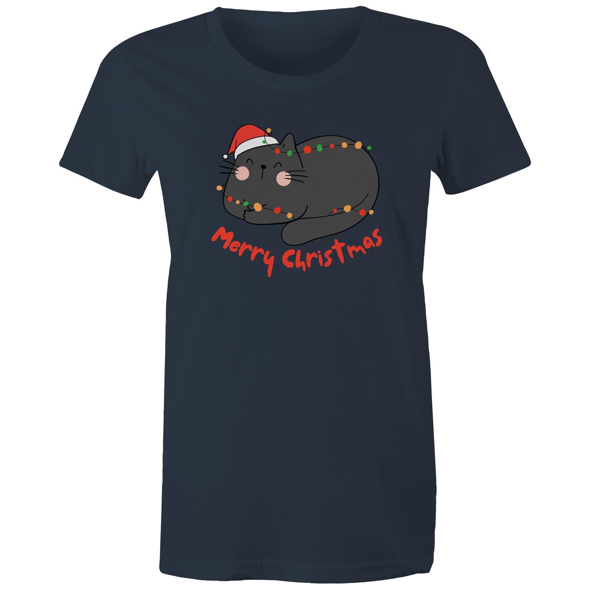 Merry Christmas Cat - Womens T-shirt Navy Womens Christmas T-shirt Christmas Printed In Australia