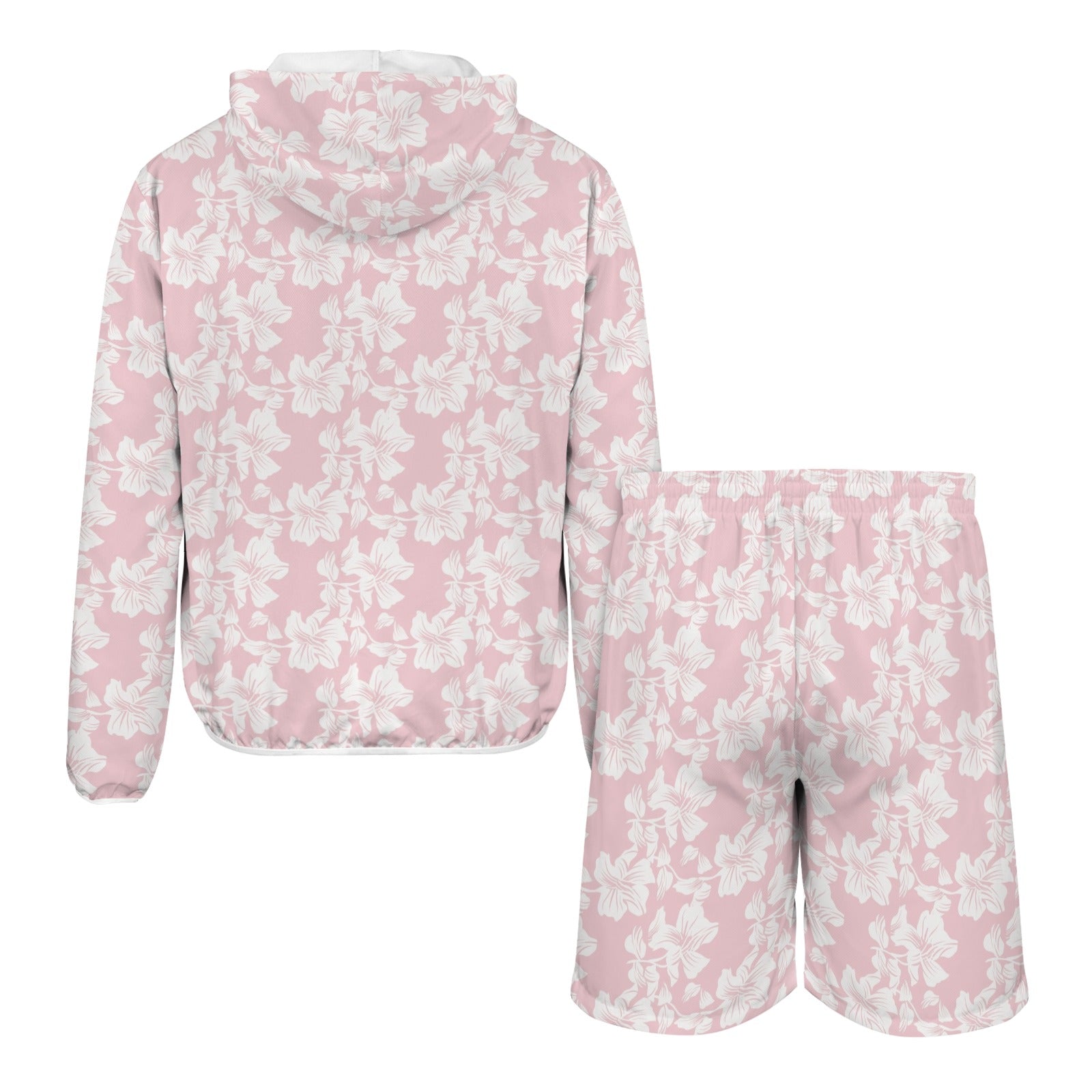 Pink Hawaiian Floral Men's Lightweight Sun Hoodie & Shorts Set Men's Lightweight Sun Hoodie & Shorts Plants Printed Offshore