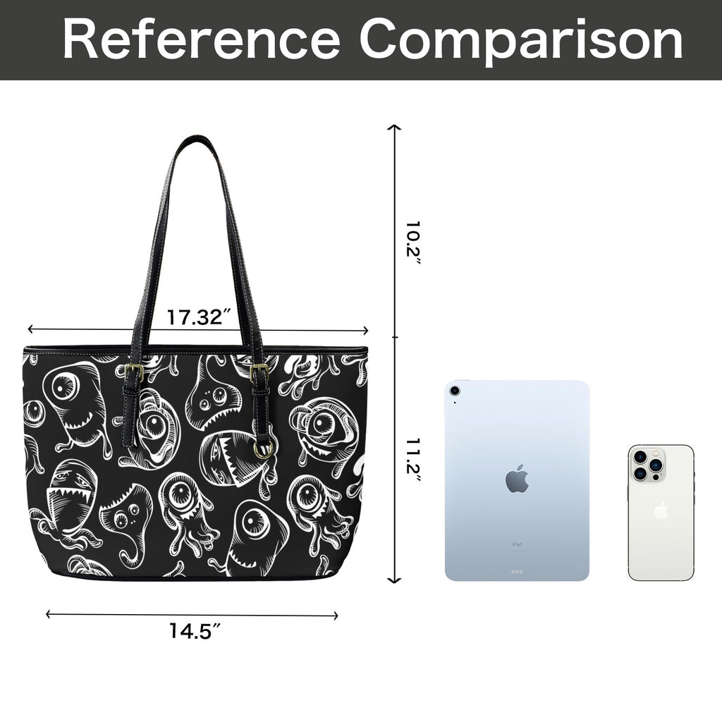Monsters In Black And White - Leather Tote Bag-Large