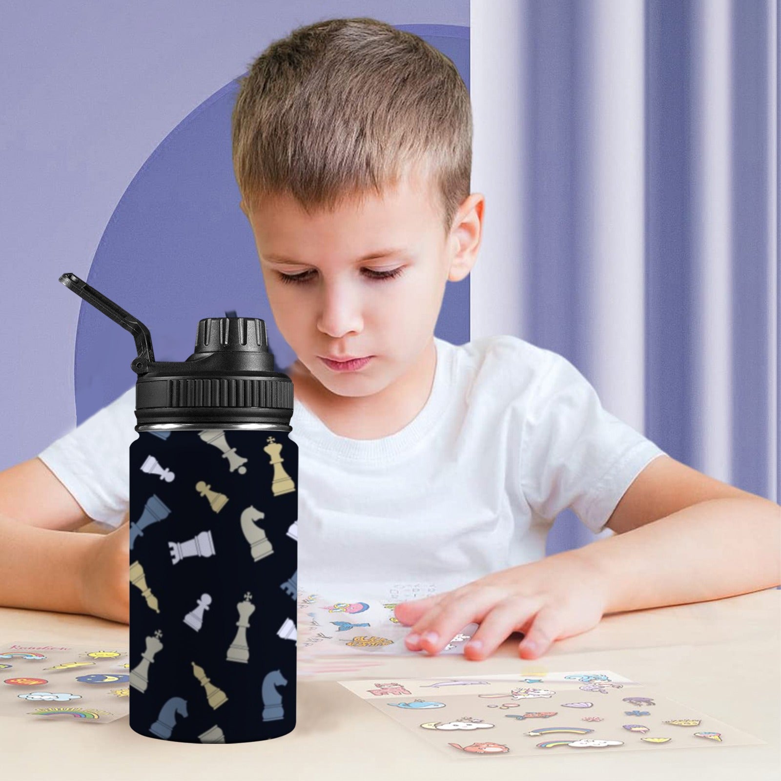Chess Pattern - Kids Water Bottle with Chug Lid (12 oz) Kids Water Bottle with Chug Lid Chess Games Printed Offshore