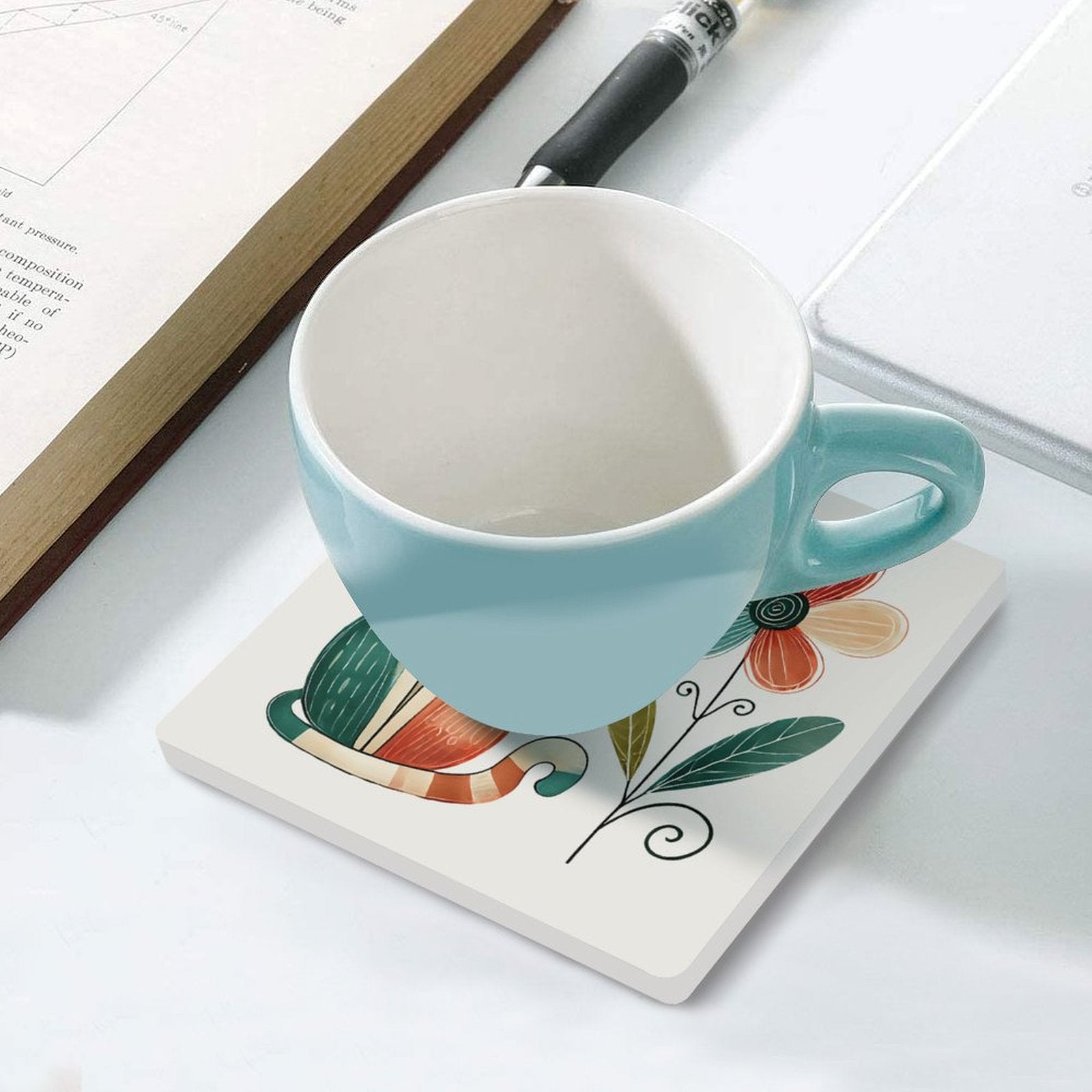 Cat And Flower - Ceramic Coasters (Square) Ceramic Coasters animal Printed Offshore