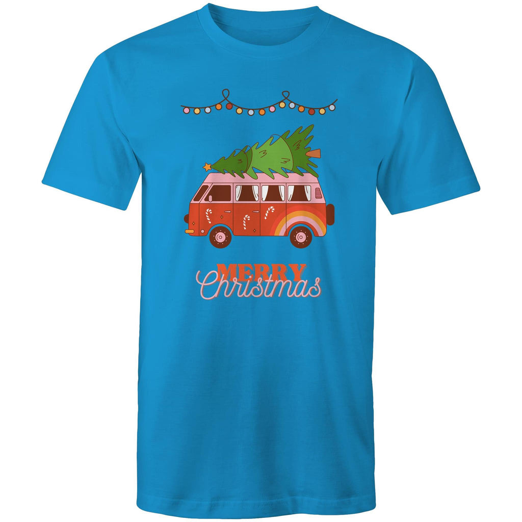 Christmas Tree On Hippy Van - Mens T-Shirt Arctic Blue Mens Christmas T-shirt Christmas Printed In Australia