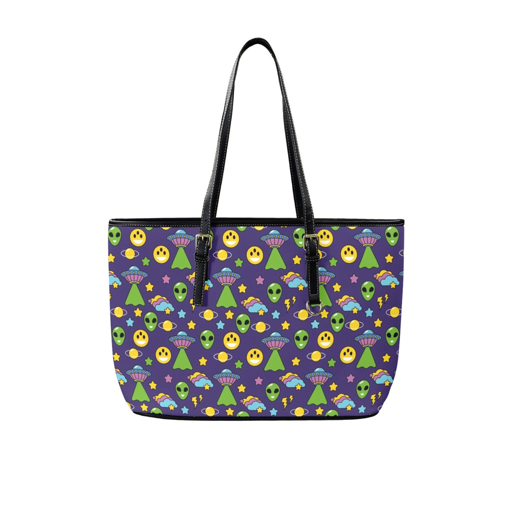 Groovy Alien And UFO PU Leather Tote Bag Large