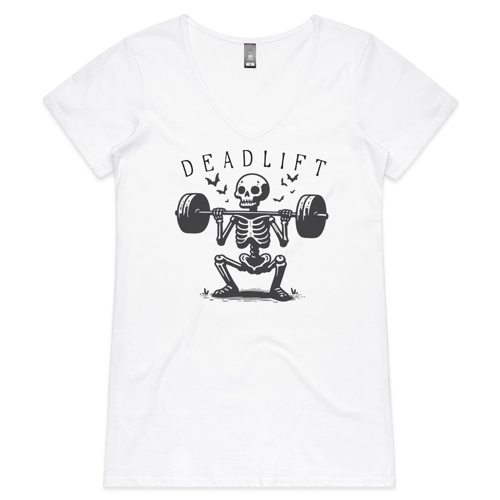 Deadlift Skeleton - Womens V-Neck T-Shirt White Womens Active V-Neck T-shirt Fitness Printed In Australia