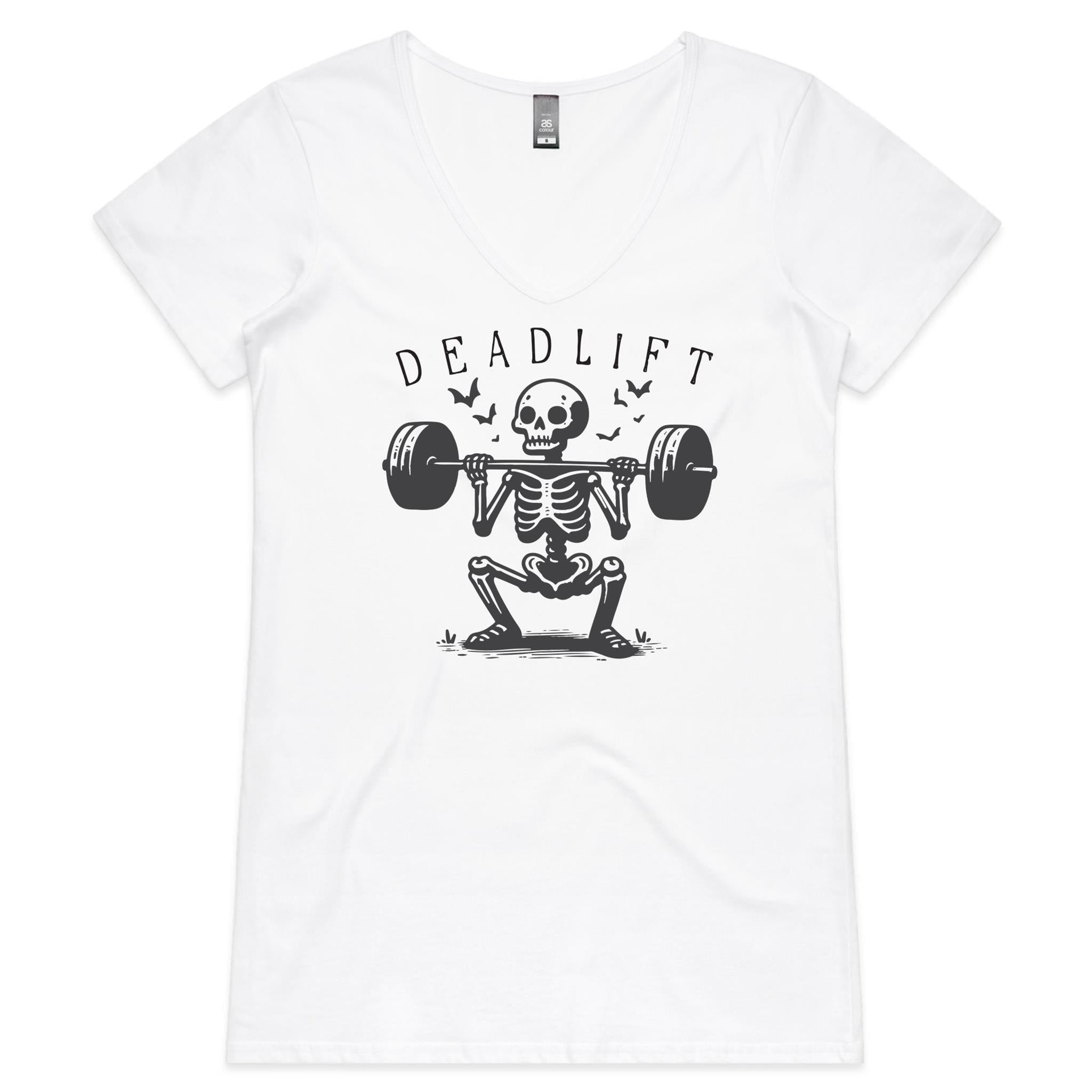 Deadlift Skeleton - Womens V-Neck T-Shirt White Womens Active V-Neck T-shirt Fitness Printed In Australia