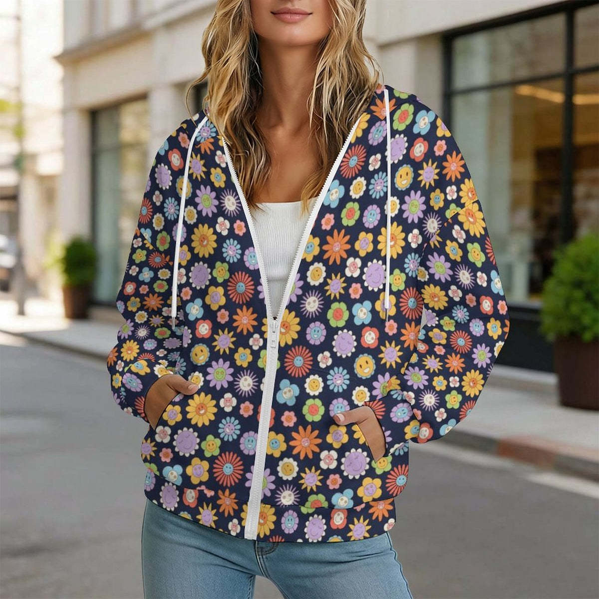 Groovy Flowers Women's Full-Zip Hoodie