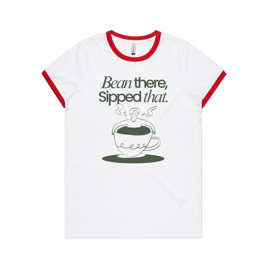 Bean There, Sipped That, Coffee - Women's Ringer Tee White Red Womens Ringer T-shirt Coffee Printed In Australia