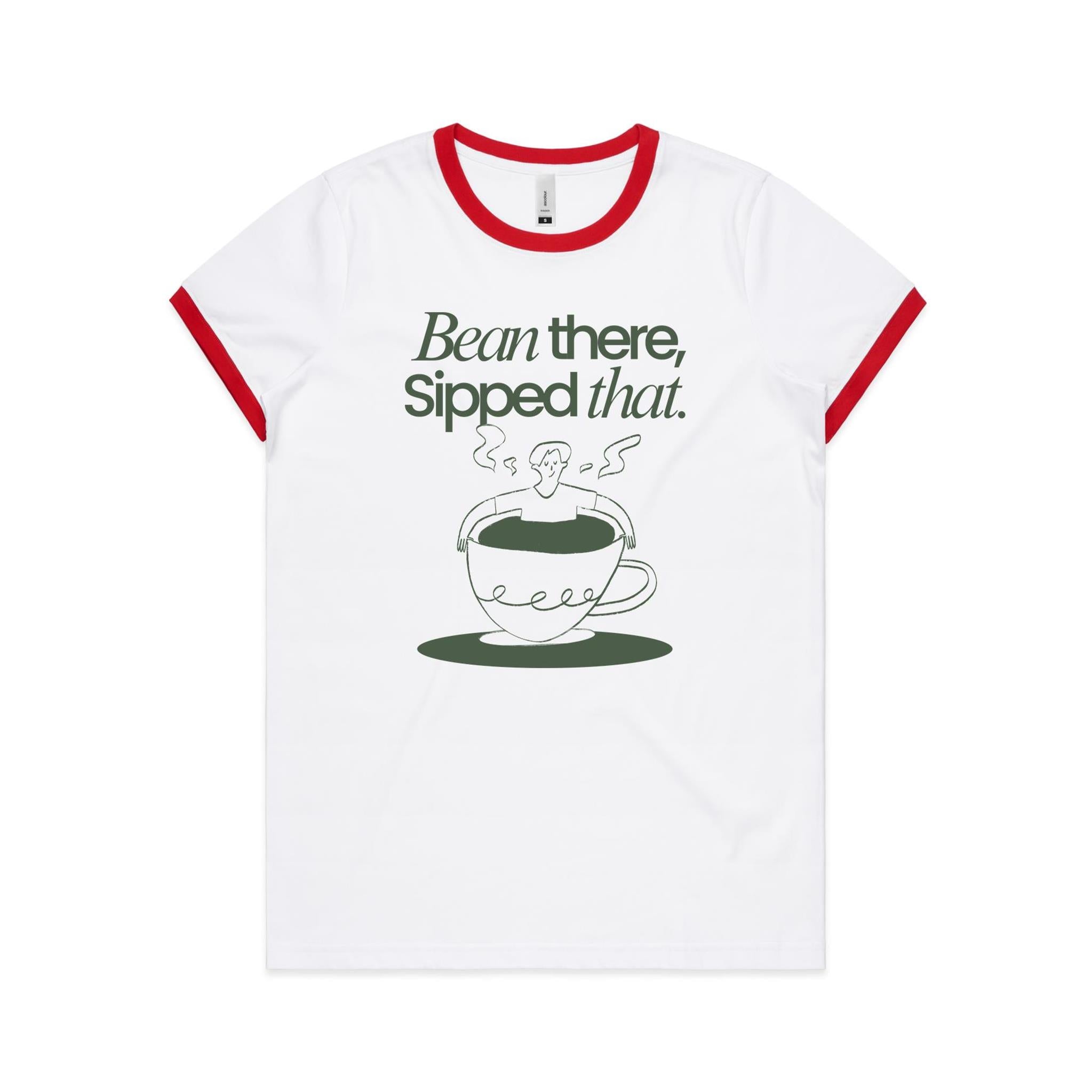 Bean There, Sipped That, Coffee - Women's Ringer Tee White Red Womens Ringer T-shirt Coffee Printed In Australia