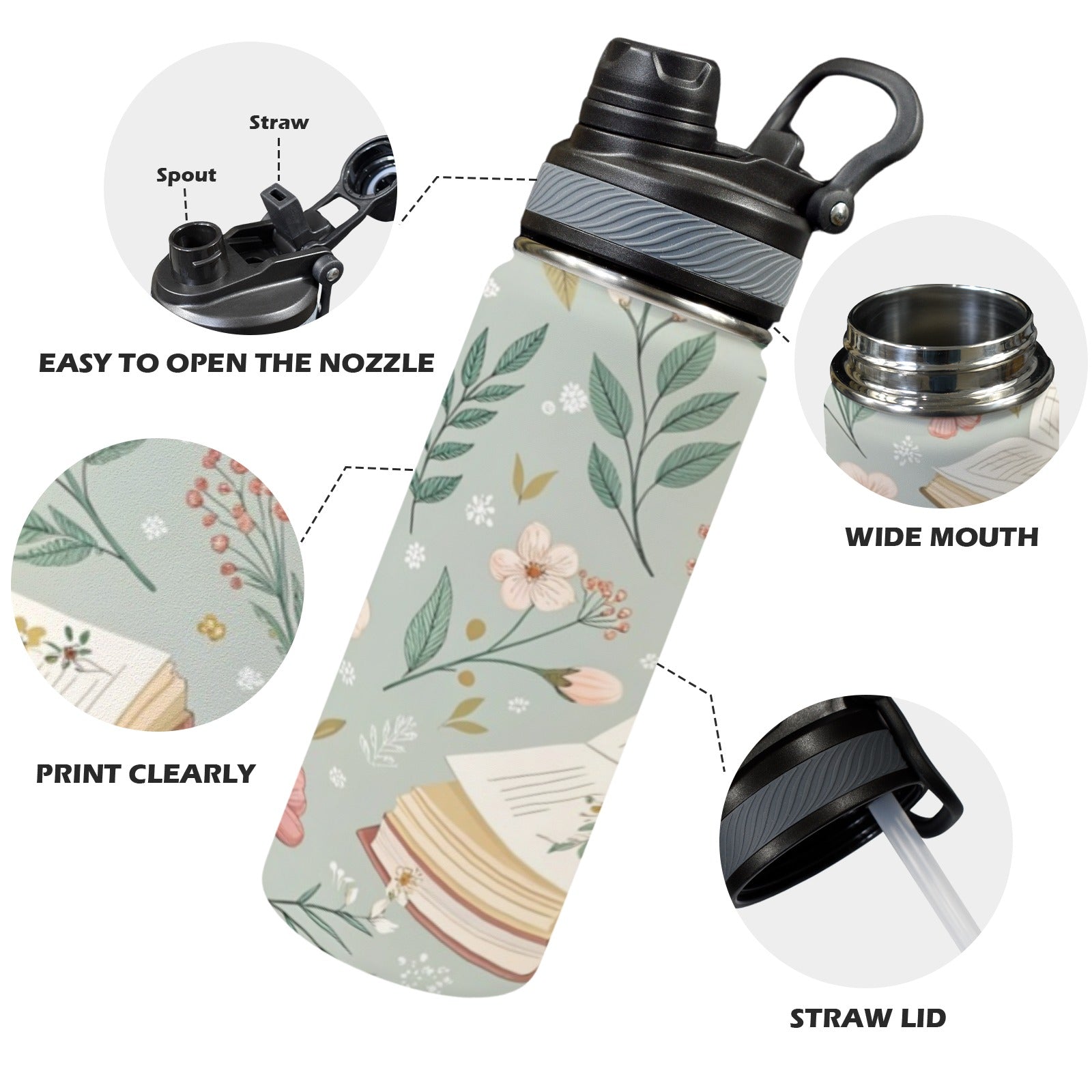 Books And Flowers In Green - Insulated Water Bottle with Dual-Use Lid (18oz) Insulated Water Bottle with Dual-Use Lid (18oz) Plants Printed Offshore Reading