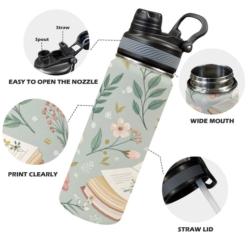 Books And Flowers In Green - Insulated Water Bottle with Dual-Use Lid (18oz) Insulated Water Bottle with Dual-Use Lid (18oz) Plants Printed Offshore Reading