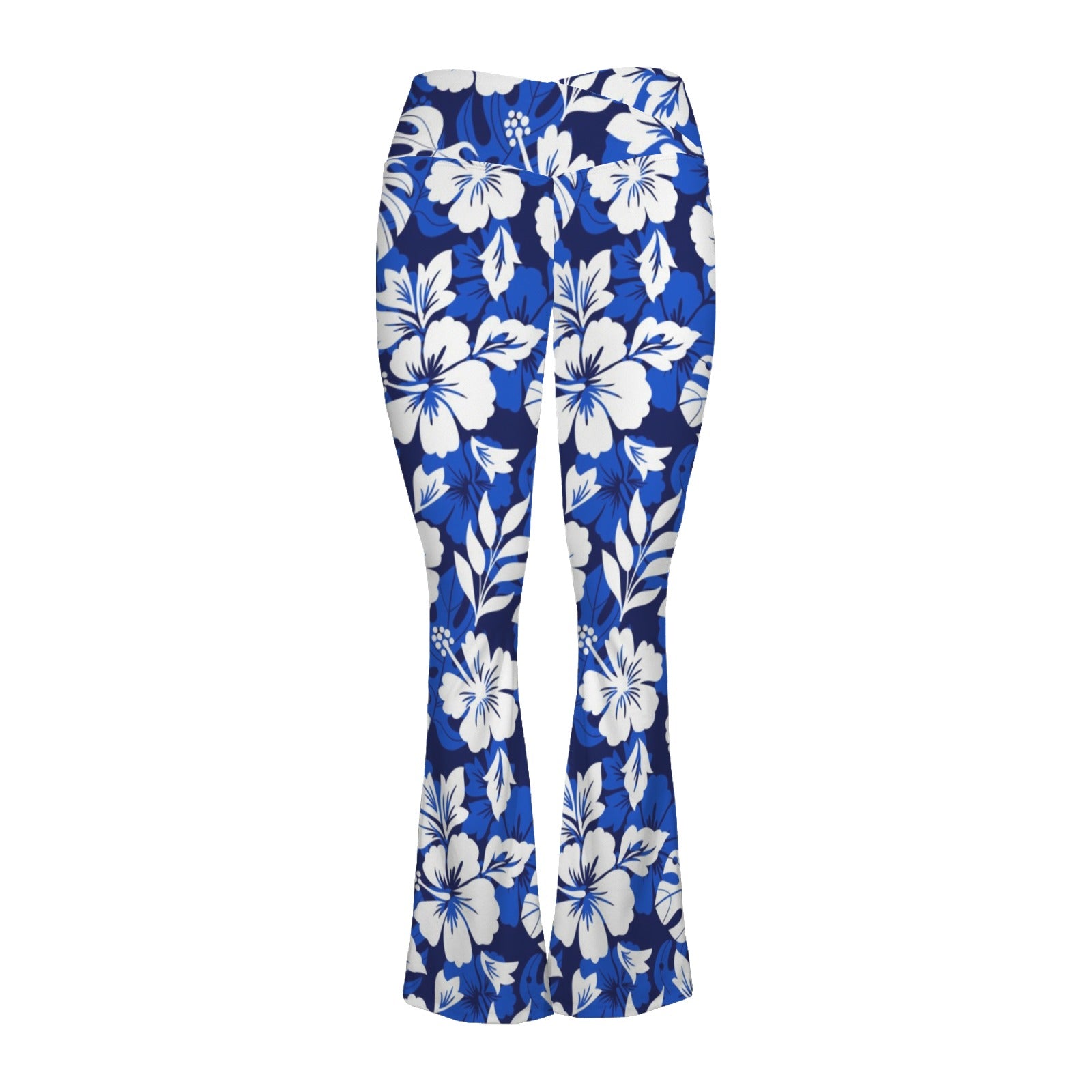 Blue Hawaiian Floral High Waist Crossover Tummy Control Flare Leggings High Waist Flare Leggings Plants Printed Offshore