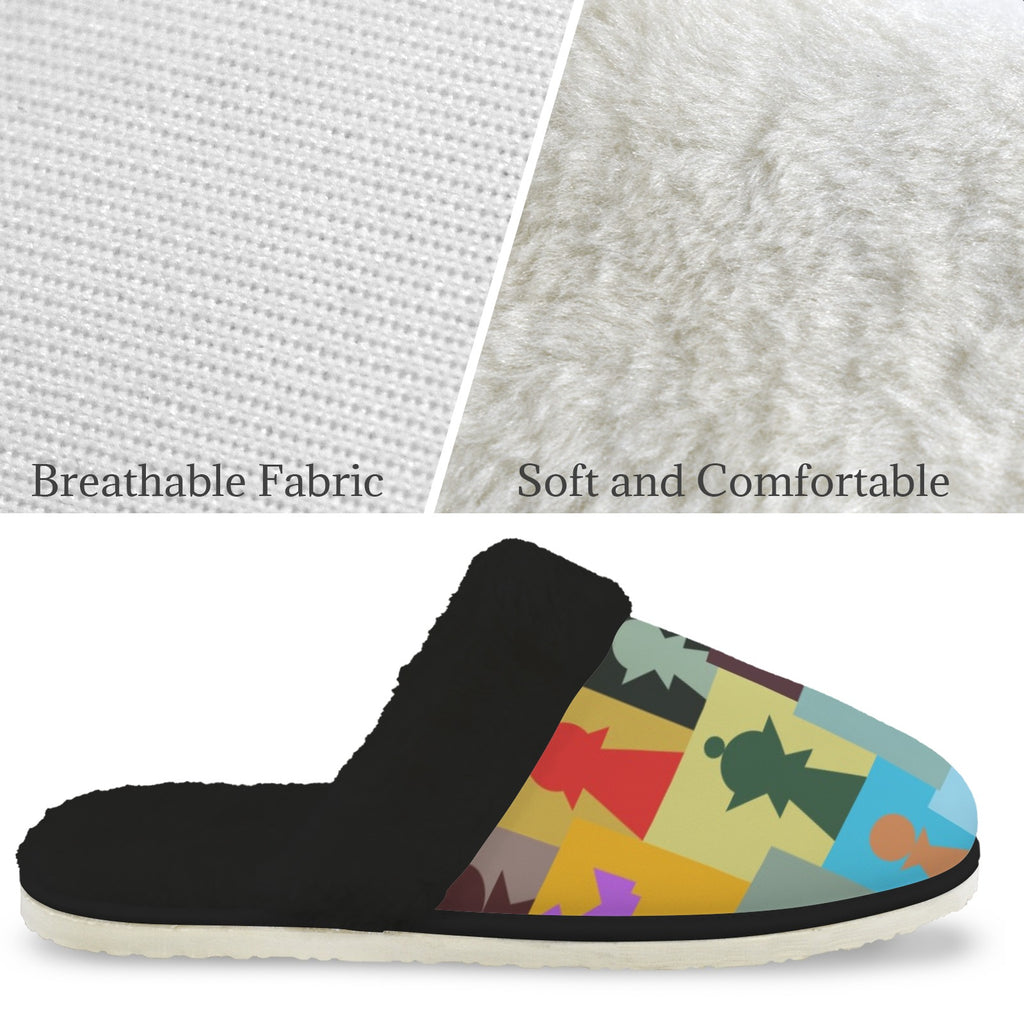 Colourful Chess Women's Fur Trim Thick-Sole Indoor Slippers Women's Fur Trimmed Slippers Chess Games Printed Offshore