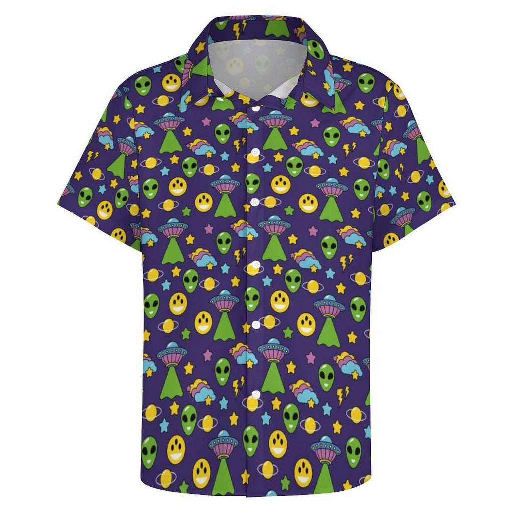 Groovy Alien And UFO Women's Collared Pocketless Short Sleeve Shirt