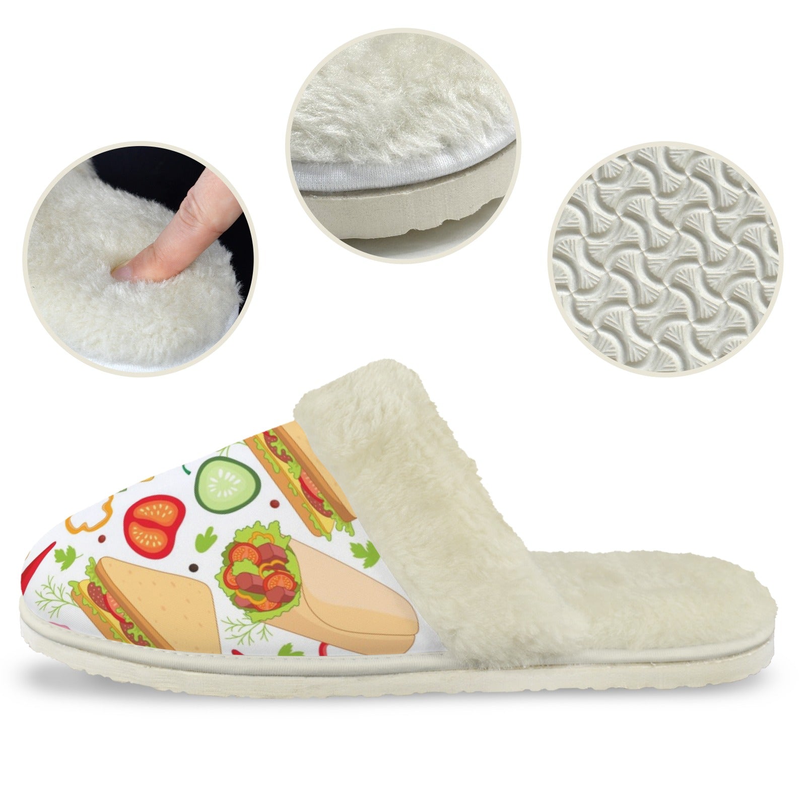 Food Love Men's Fur Trim Thick-Sole Indoor Slippers Men's Fur Trimmed Slippers Food Printed Offshore