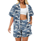 Japanese Waves Women's Windbreaker Short Set 2XL Women's Windbreaker Short Set Ocean Printed Offshore