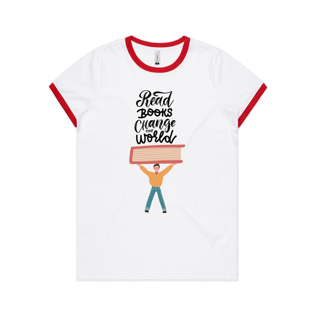 Read Books, Change The World - Women's Ringer Tee White Red Womens Ringer T-shirt Printed In Australia Reading