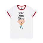 Read Books, Change The World - Women's Ringer Tee White Red Womens Ringer T-shirt Printed In Australia Reading