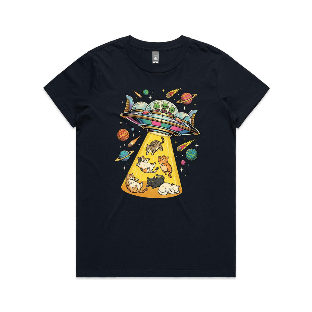 UFO Cat Abduction Women's AS Colour T-shirt Navy Womens T-shirt animal Printed In Australia Sci Fi