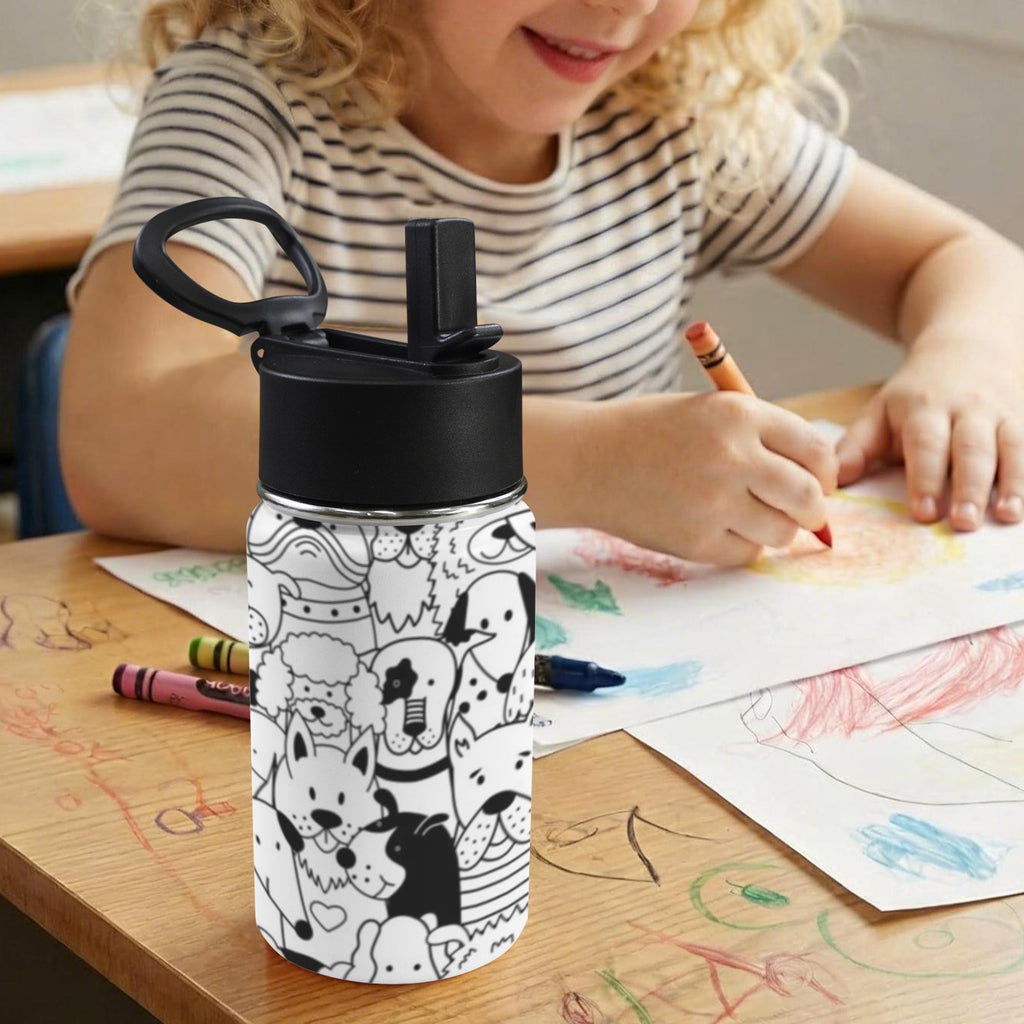 Black And White Dogs 12oz Kids Water Bottle with Straw Lid