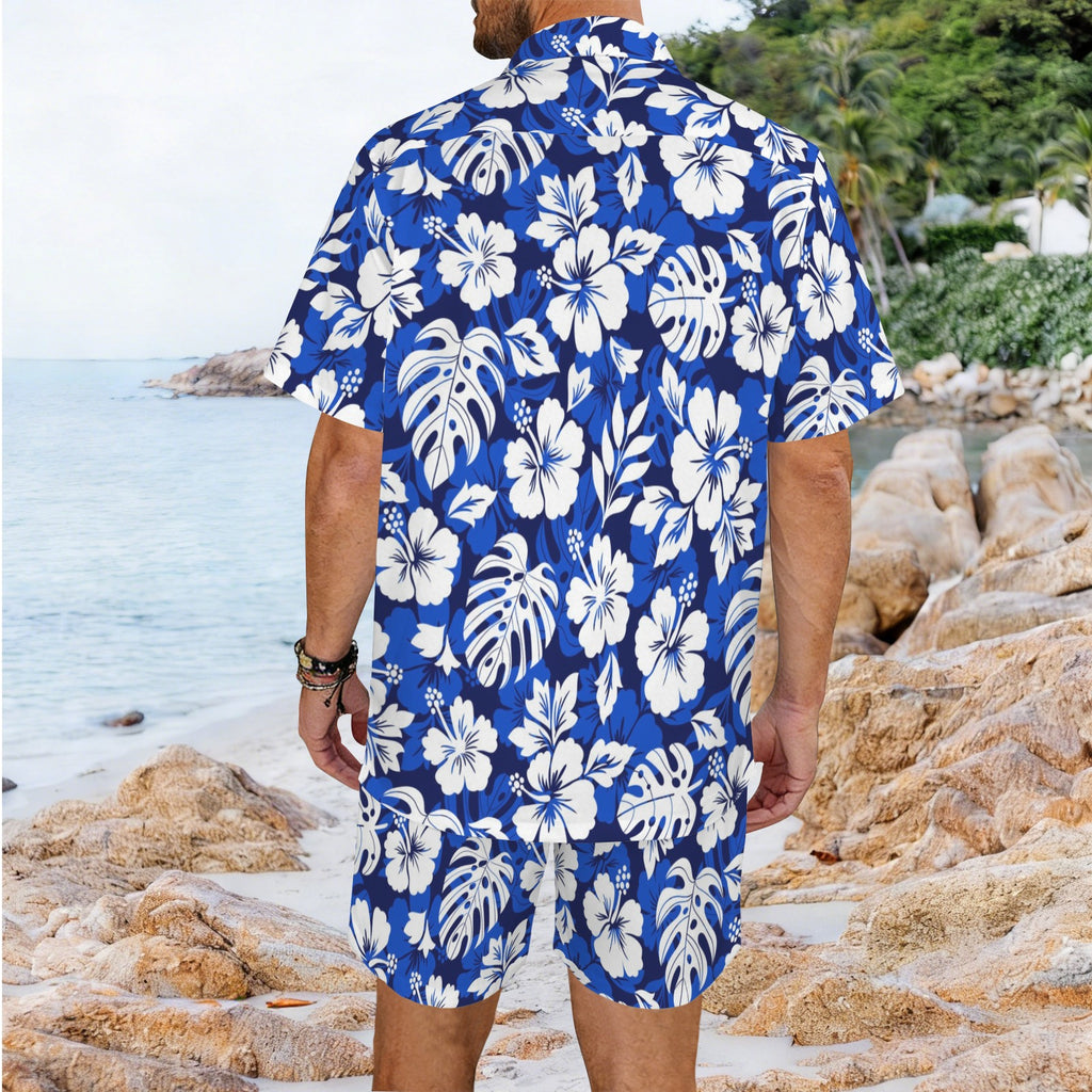 Blue Hawaiian Floral Men's Hawaiian Shirt & Shorts Set Men's Hawaiian Shirt & Shorts Set Plants Printed Offshore