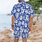 Blue Hawaiian Floral Men's Hawaiian Shirt & Shorts Set Men's Hawaiian Shirt & Shorts Set Plants Printed Offshore