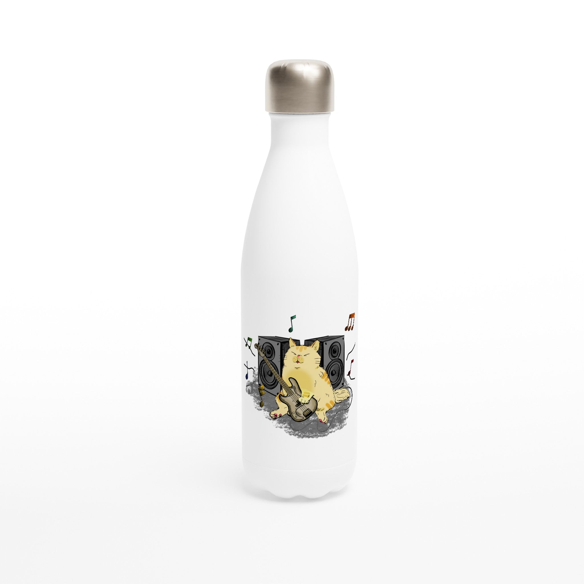 Cat Bass Player - White 17oz Stainless Steel Water Bottle Default Title White Water Bottle animal Globally Fulfilled Music