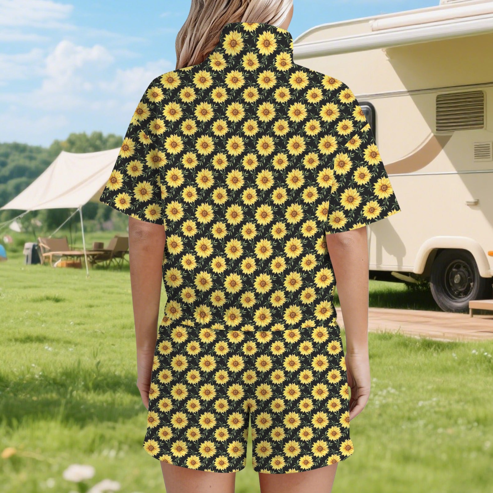 Painted Sunflower Women's Windbreaker Short Set Women's Windbreaker Short Set Plants Printed Offshore