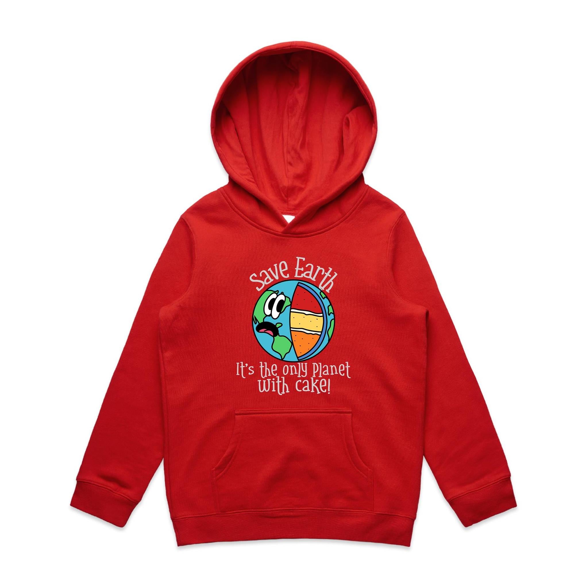 Save Earth, It's The Only Planet With Cake - Kids Hoodie Red Kids Hoodie Printed In Australia