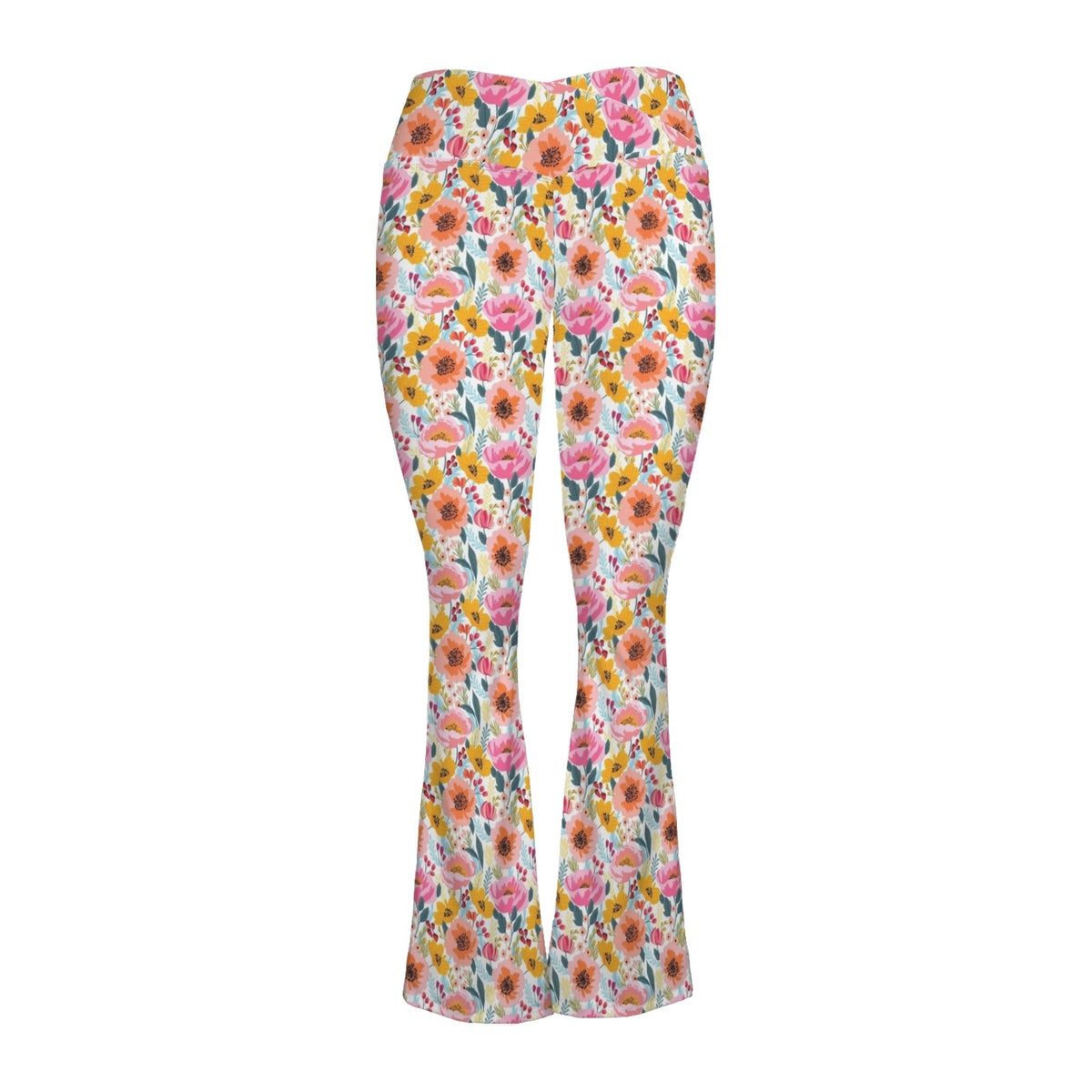 Bright And Colourful Flowers High Waist Crossover Tummy Control Flare Leggings
