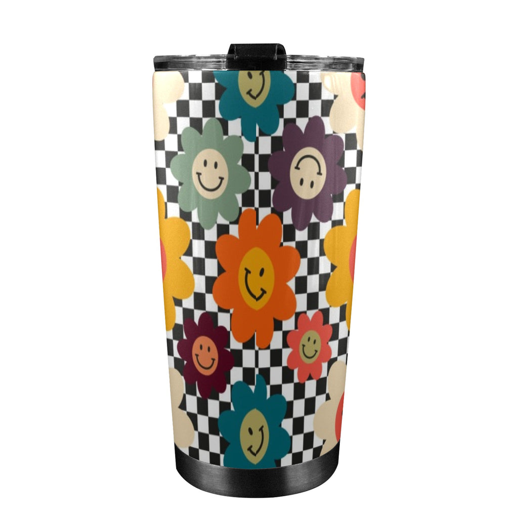 Happy Retro Flowers - 20oz Mobile Tumbler with Lid (Black Lock) 20oz Travel Mug Printed Offshore Retro