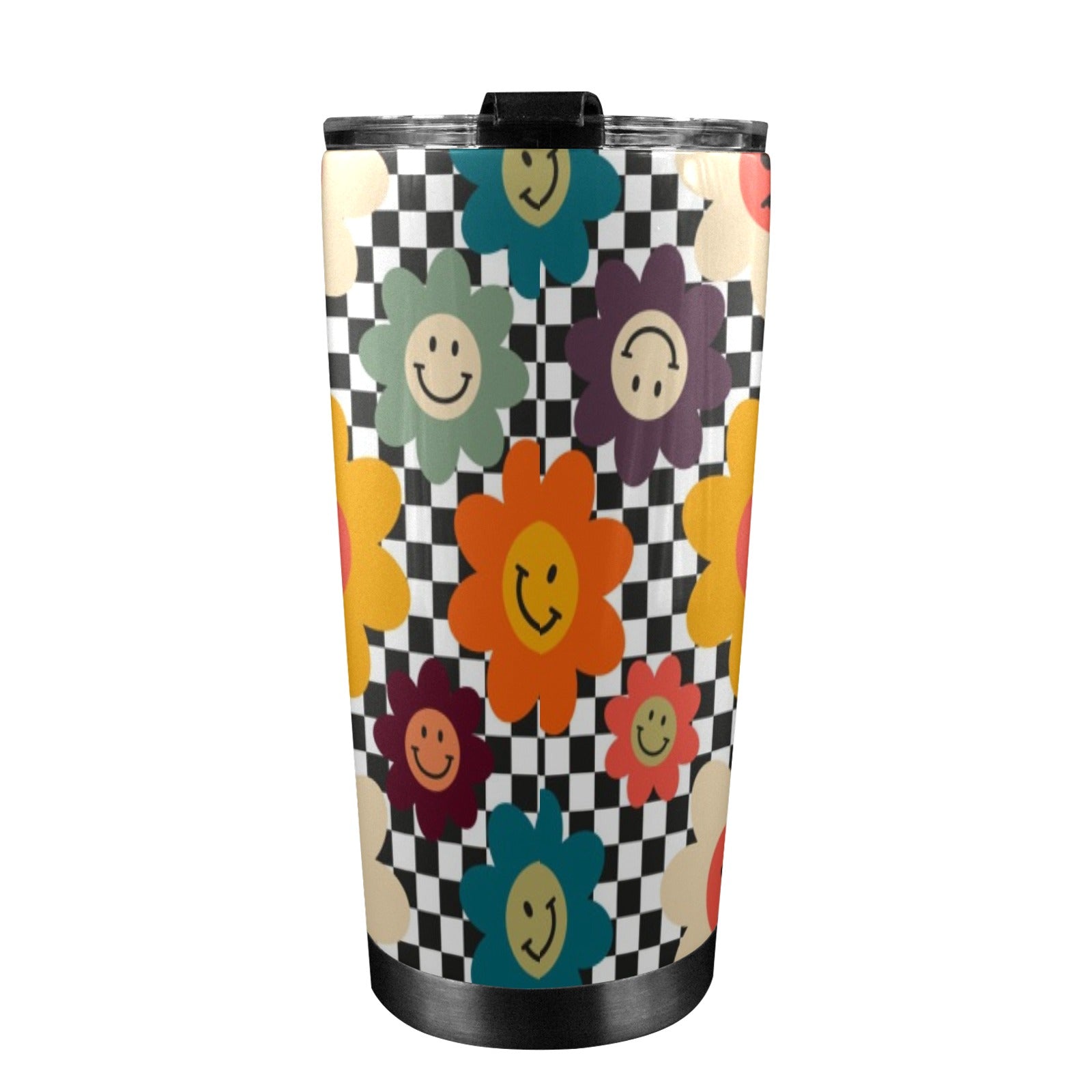 Happy Retro Flowers - 20oz Mobile Tumbler with Lid (Black Lock) 20oz Travel Mug Printed Offshore Retro