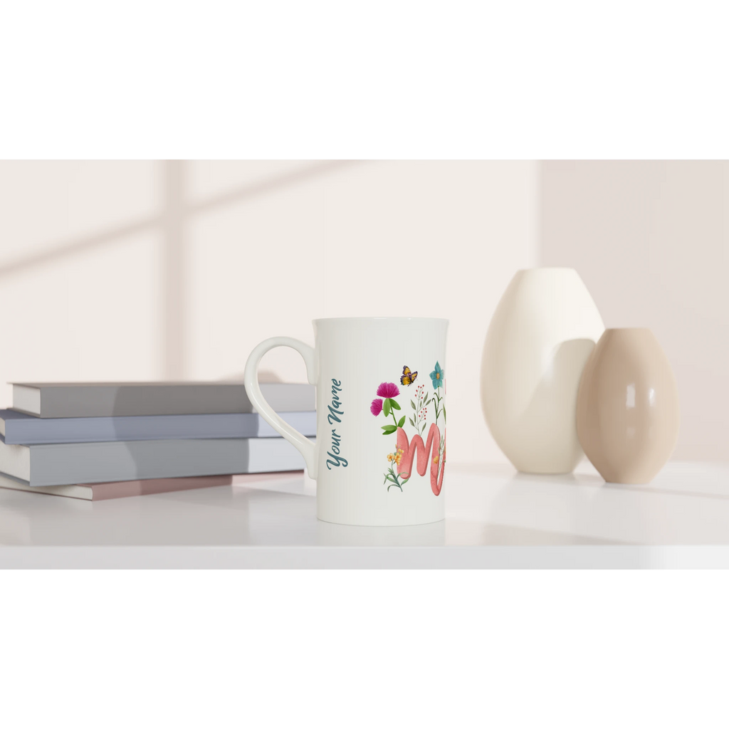 Personalised Mum With Flowers And Butterflies White 10oz Porcelain Slim Mug Personalised Porcelain Mug Globally Fulfilled Mum
