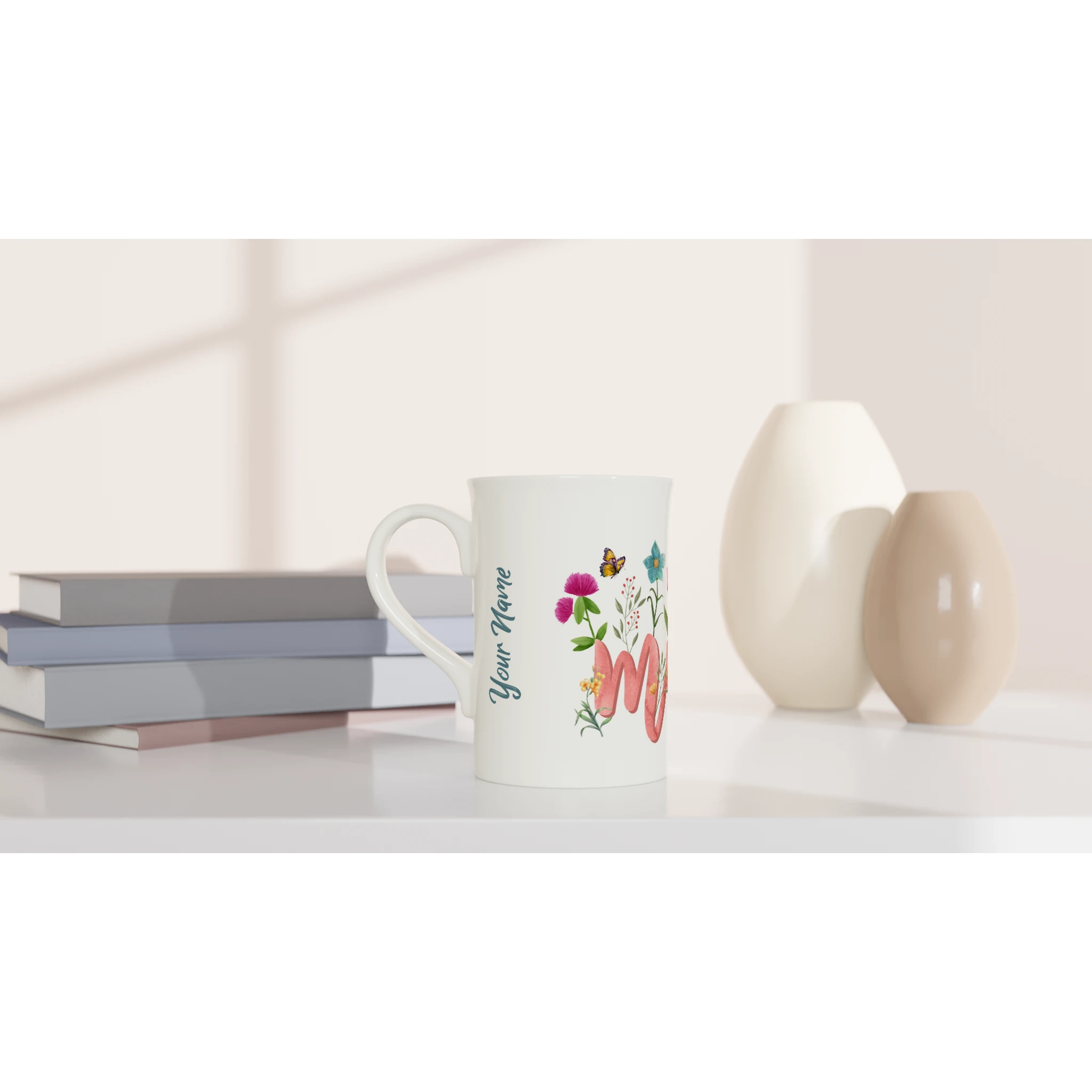 Personalised - Mum With Flowers And Butterflies - White 10oz Porcelain Slim Mug Personalised Porcelain Mug Globally Fulfilled Mum