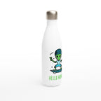 Alien Skateboard, Hello Humans - White 17oz Stainless Steel Water Bottle White Water Bottle Globally Fulfilled Sci Fi