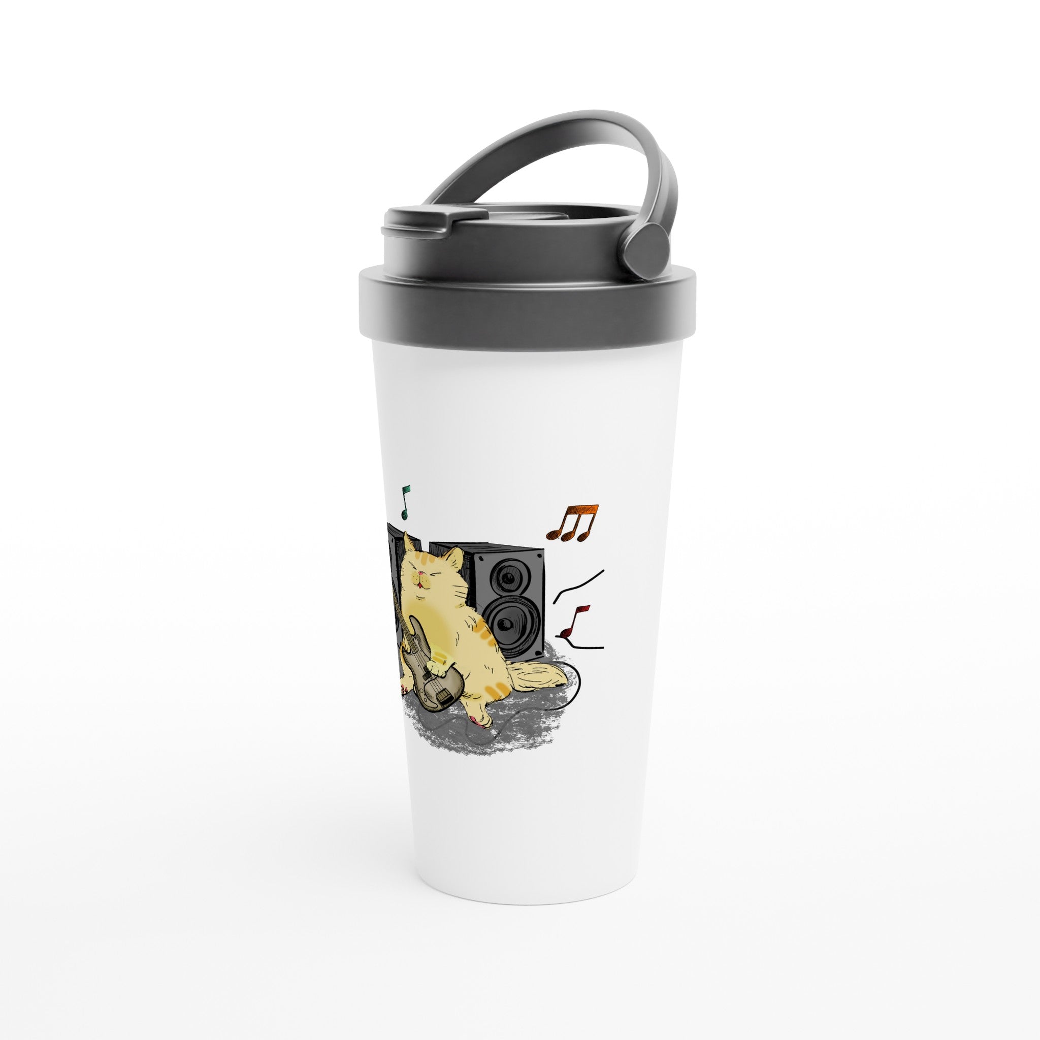 Cat Bass Player - White 15oz Stainless Steel Travel Mug Travel Mug animal Globally Fulfilled Music