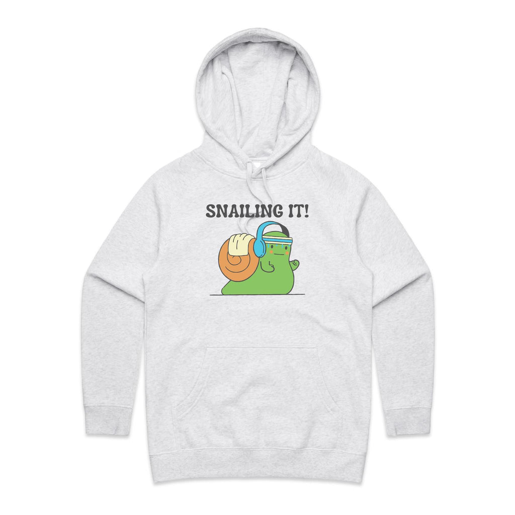 Snailing It - Womens Hoodie White Marle Womens Hoodie Fitness Printed In Australia