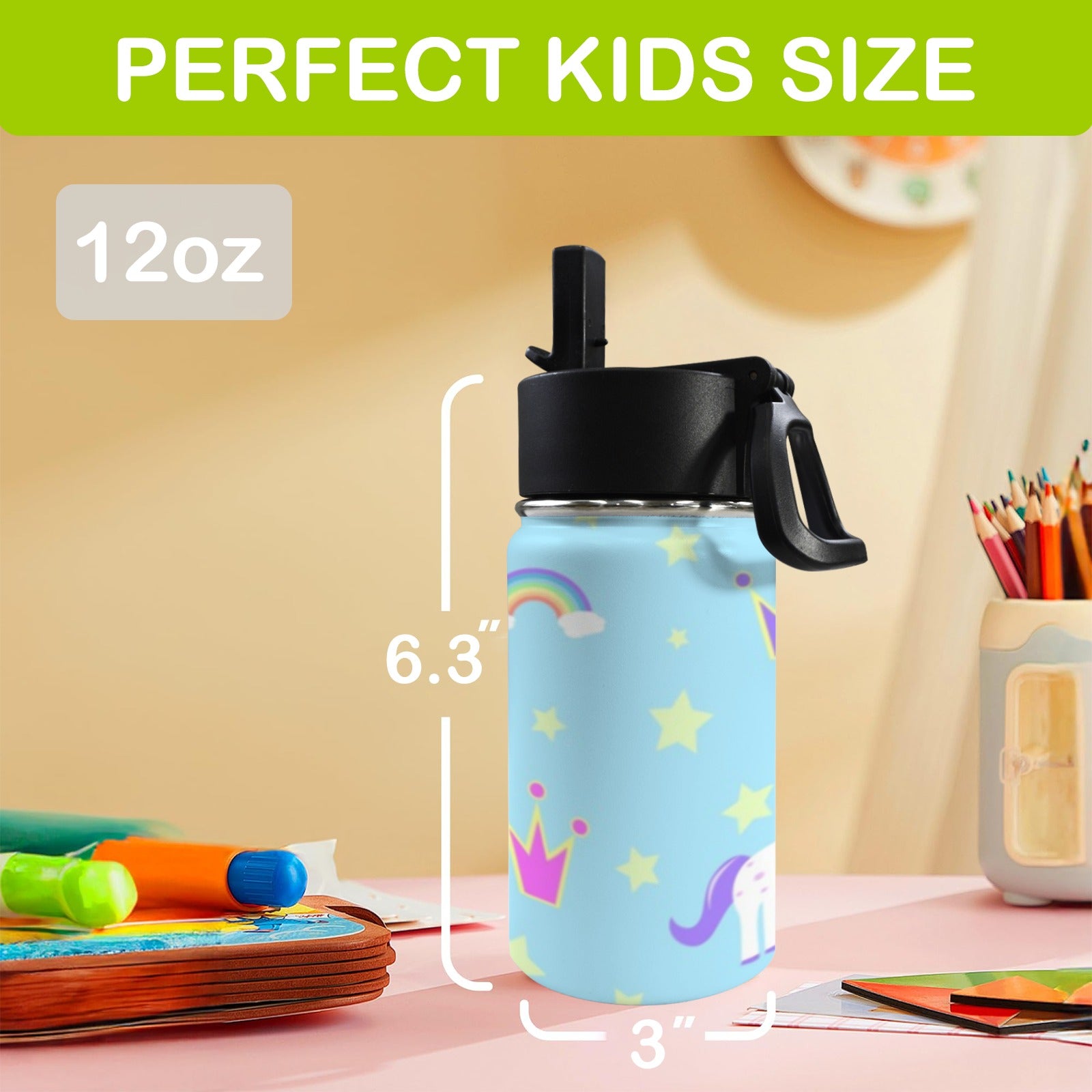 Unicorn Crown 12oz Kids Water Bottle with Straw Lid