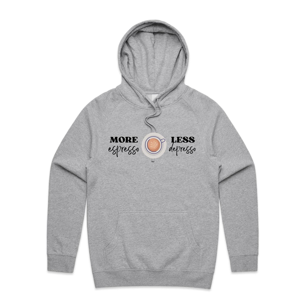 More Espresso, Less Depresso Men's AS Colour Hoodie Grey Marle Mens Hoodie Coffee Printed In Australia