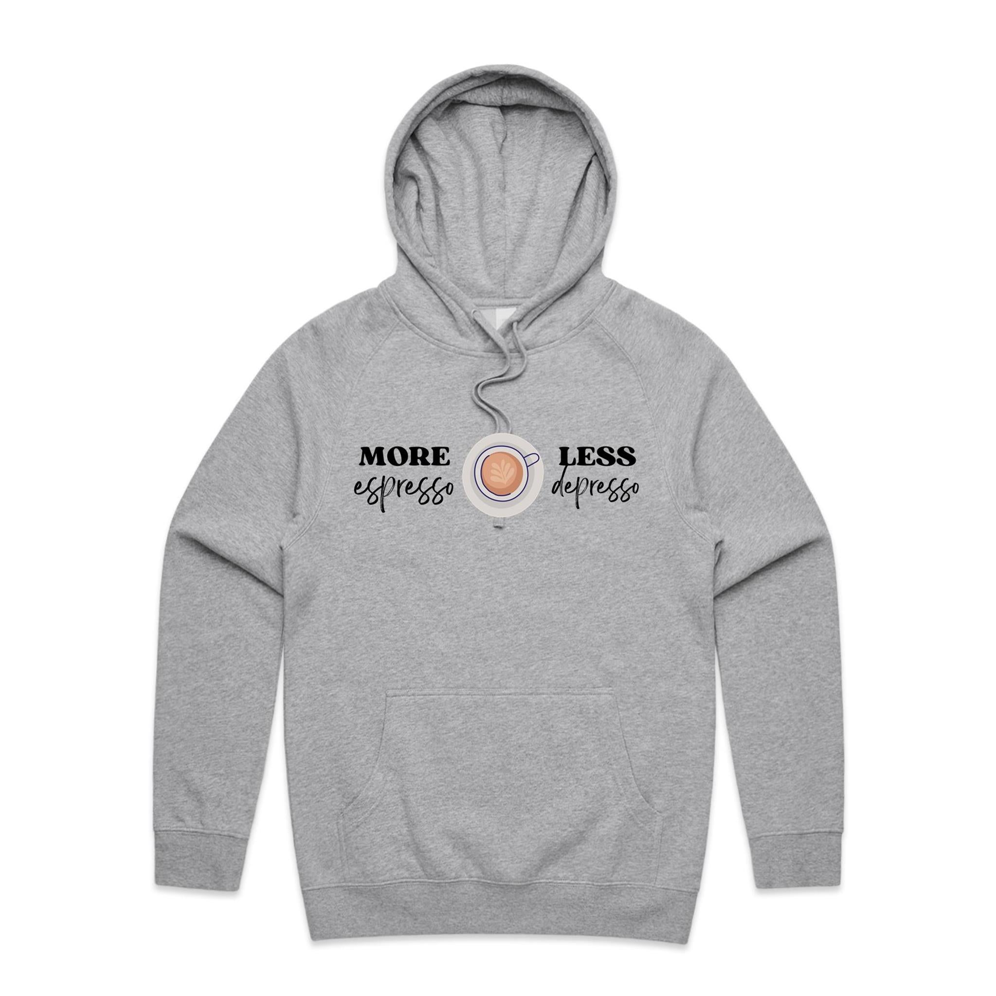 More Espresso, Less Depresso - Mens Hoodie Grey Marle Mens Hoodie Coffee Printed In Australia
