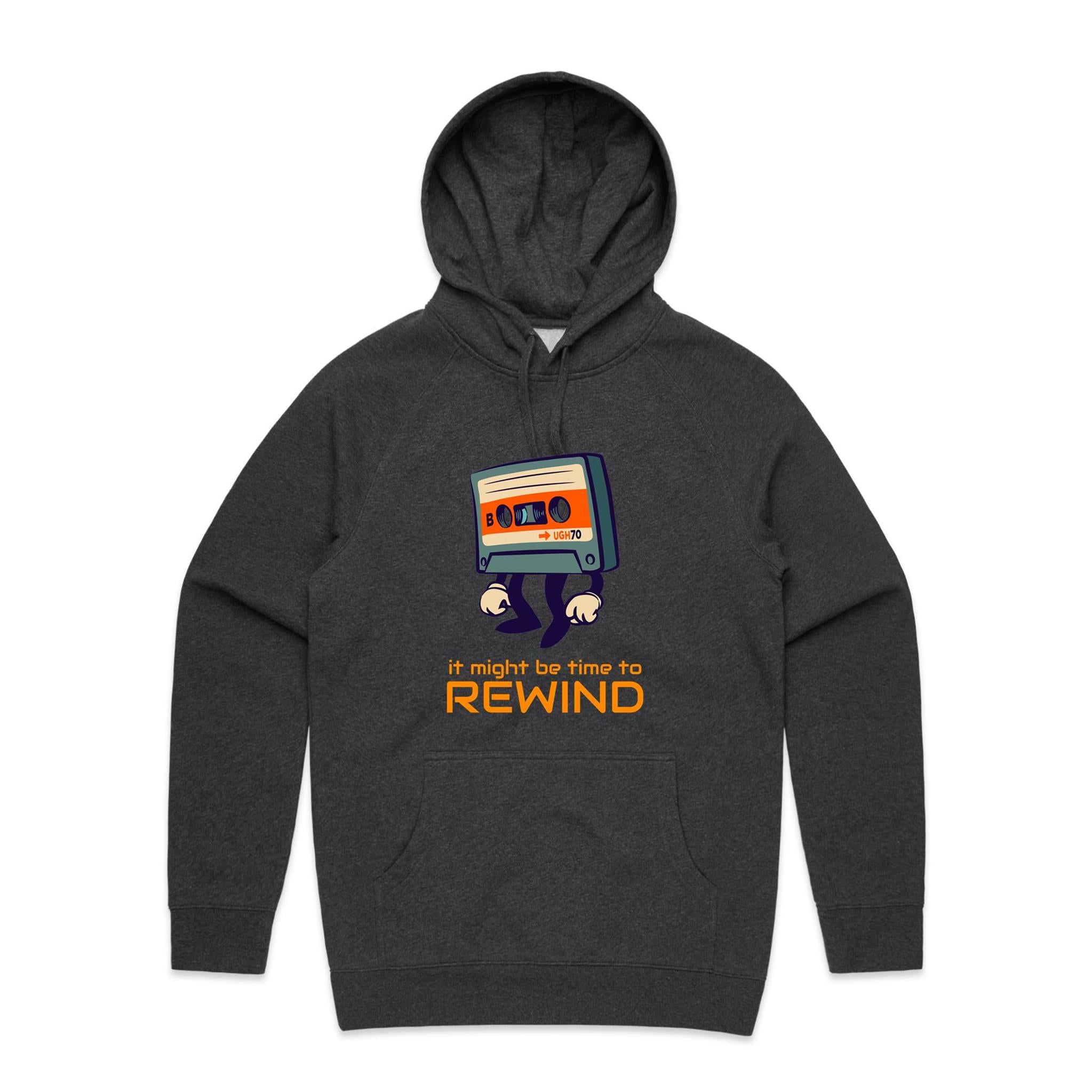 Cassette Tape, It Might Be Time To Rewind - Mens Hoodie Asphalt Marle Mens Hoodie Music Printed In Australia Retro