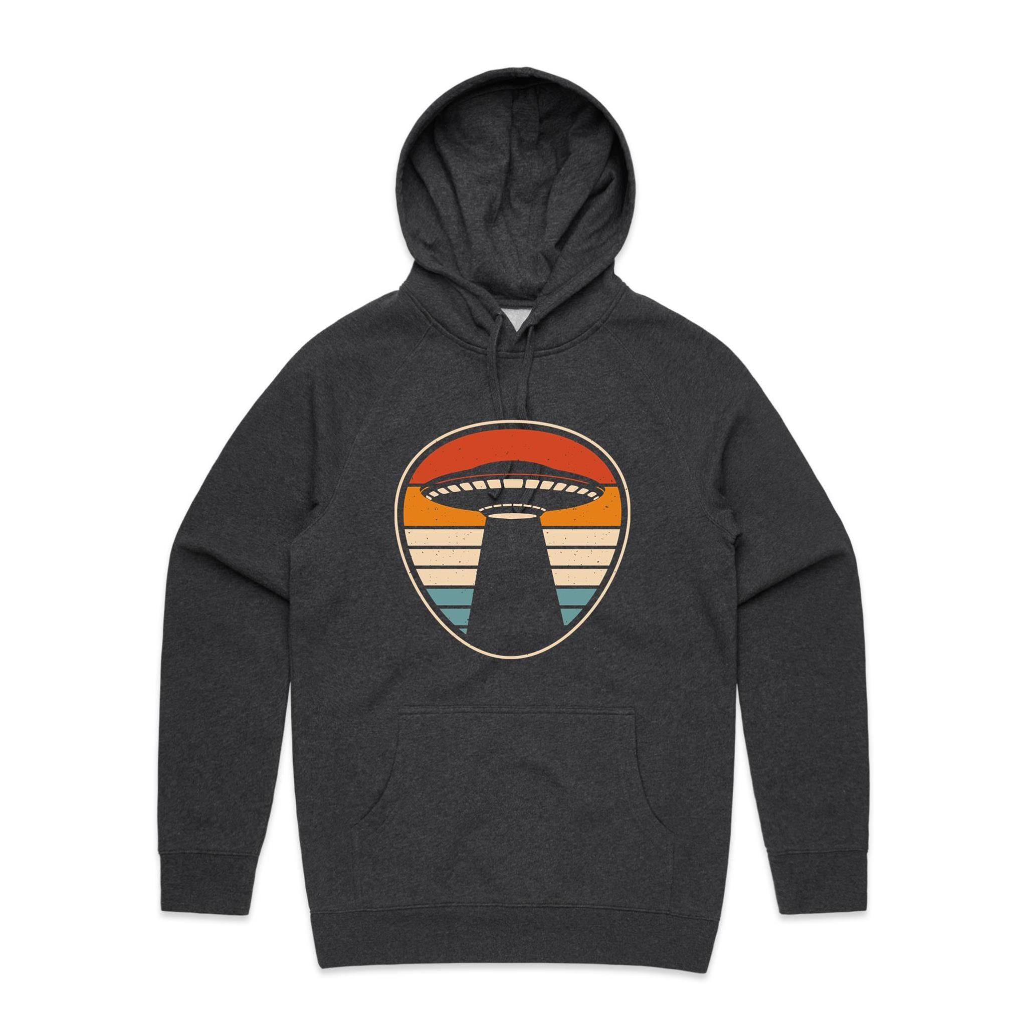 UFO, Retro Stripes - Mens Hoodie Asphalt Marle Mens Hoodie Printed In Australia Sci Fi