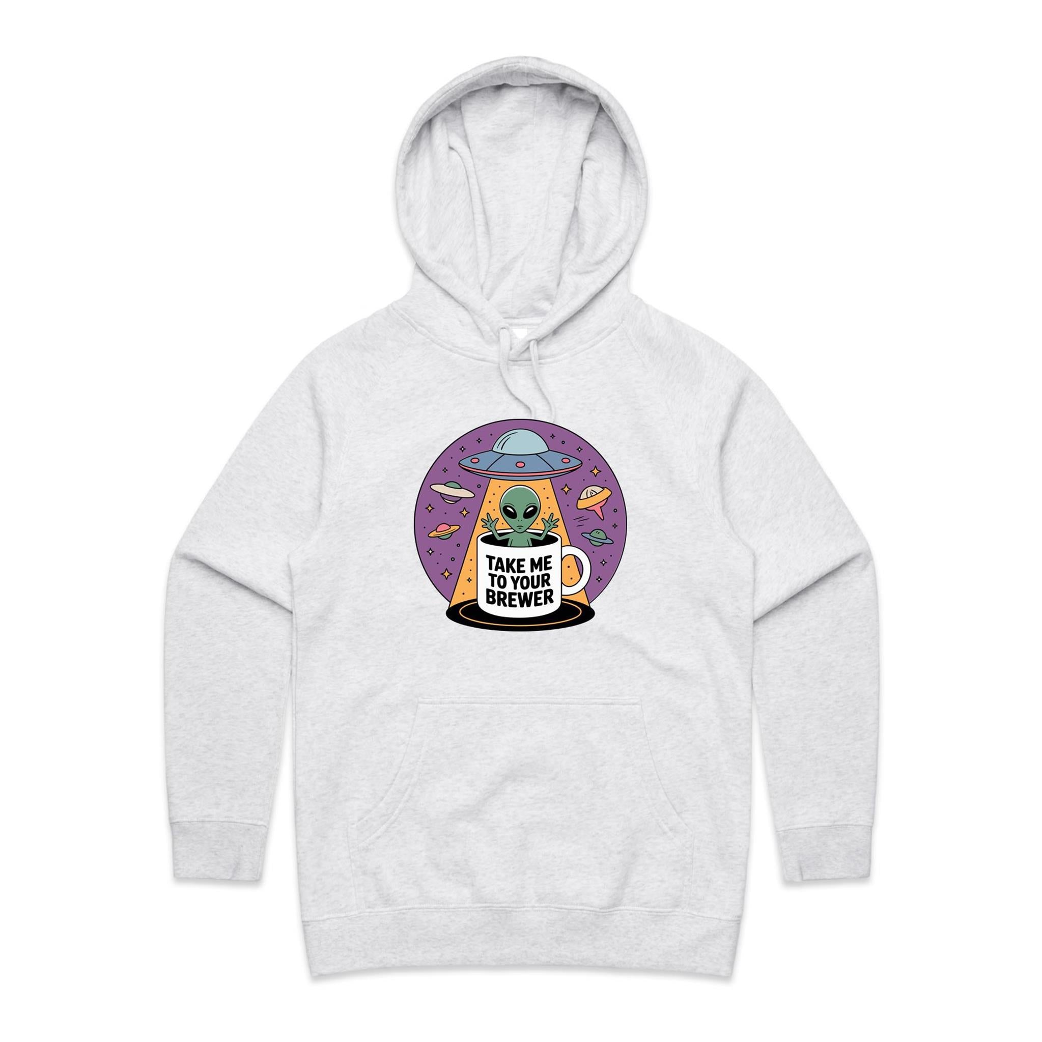 Coffee, Alien, UFO, Take Me To Your Brewer Women's AS Colour Hoodie White Marle Womens Hoodie Coffee Printed In Australia Sci Fi