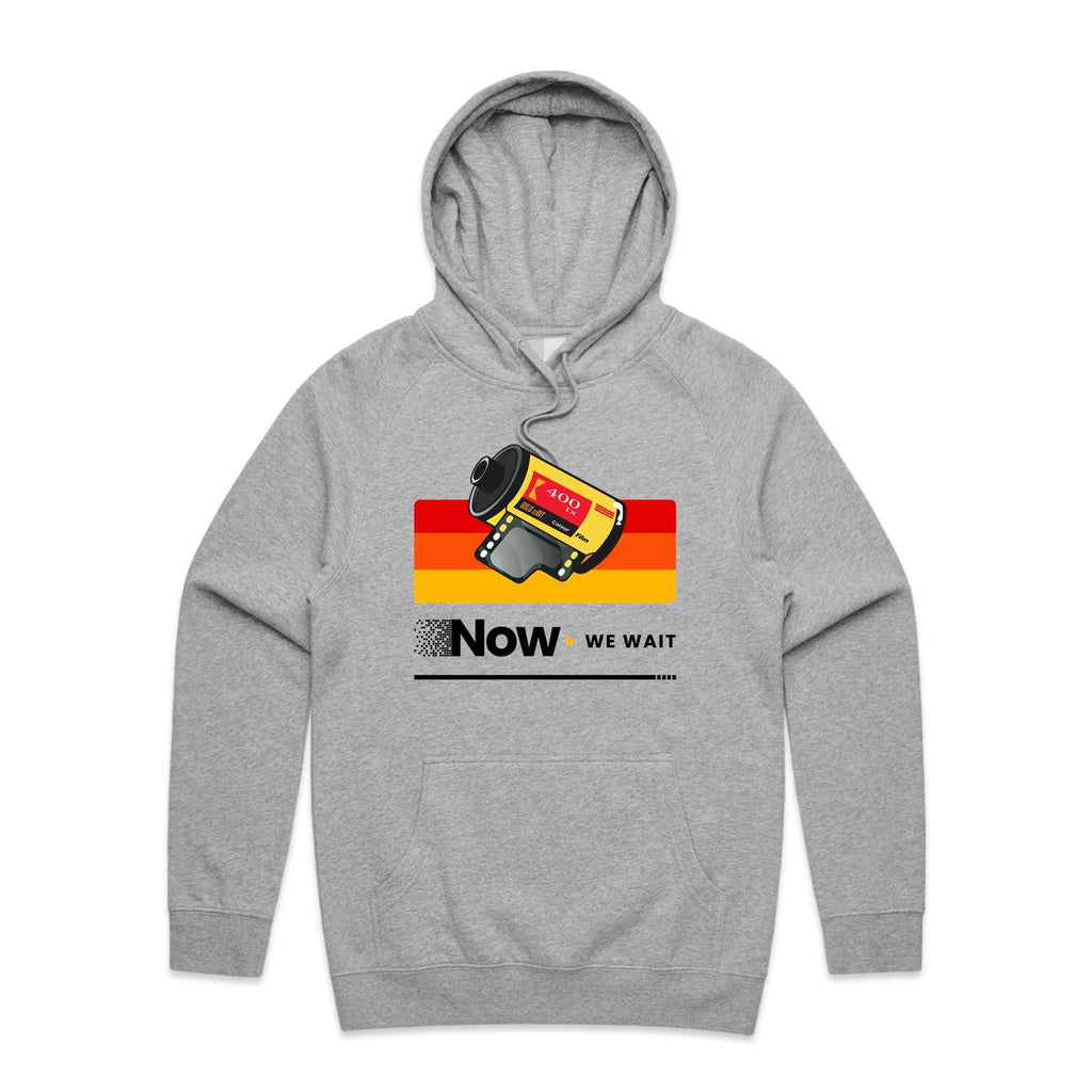 Camera Film, Now We Wait Men's AS Colour Hoodie Grey Marle Mens Hoodie Printed In Australia Retro