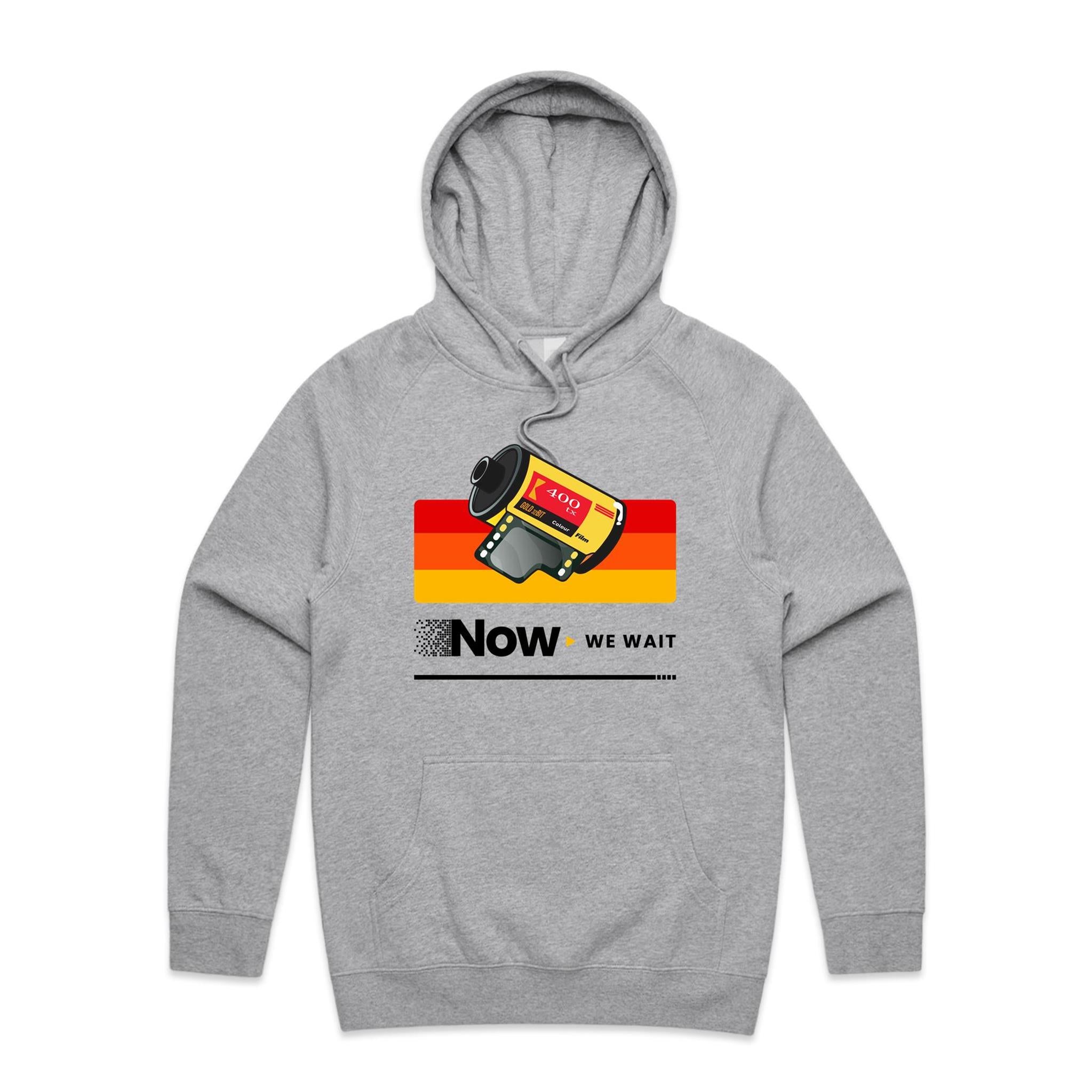 Camera Film, Now We Wait Men's AS Colour Hoodie Grey Marle Mens Hoodie Printed In Australia Retro